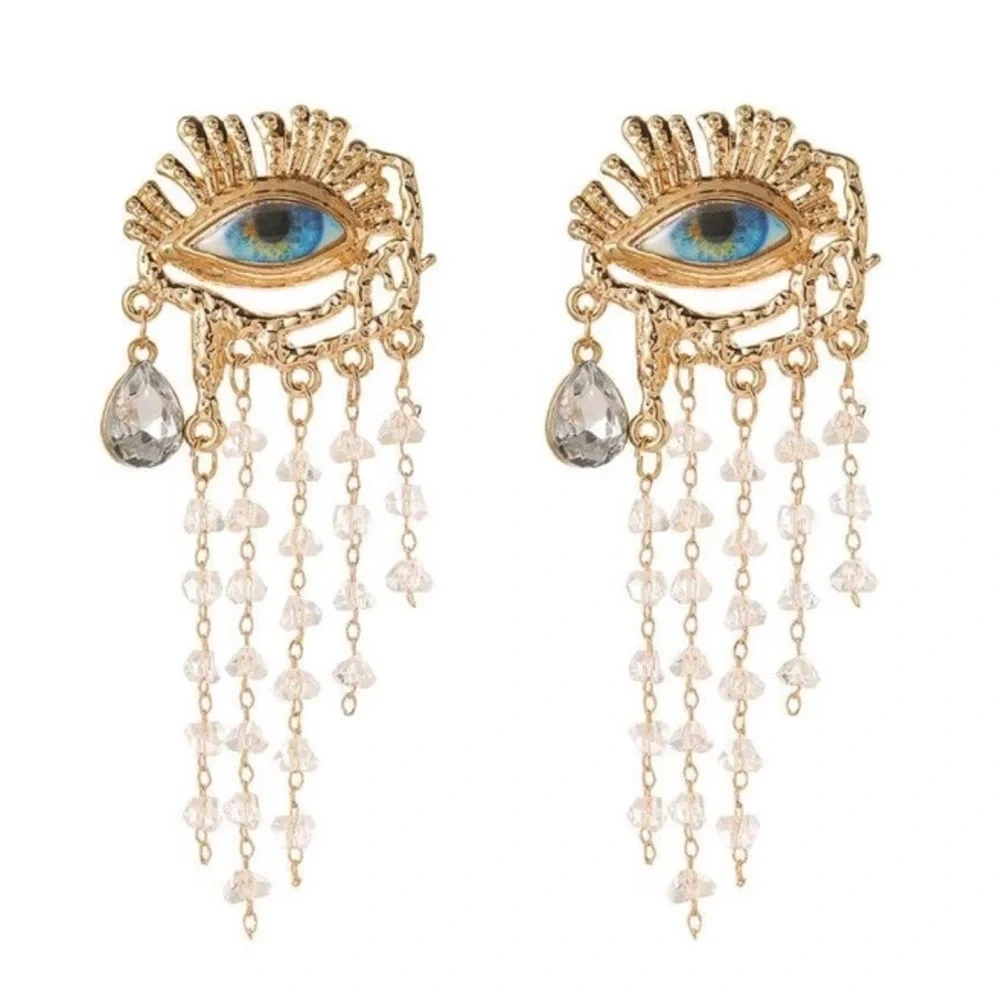 “Blue Eye Chandelier” Vivid Realism Cry Iris Tiered Crystal Tear Tassel Earrings - Picture 1 of 12